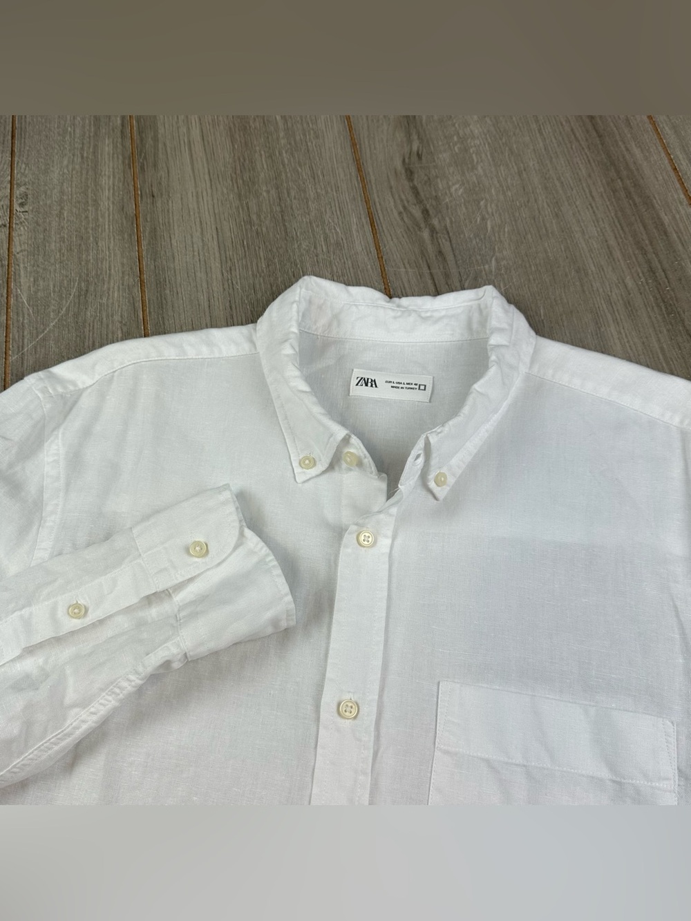 Zara Button Down Shirt Linen Blend Mens L Long Sleeve White